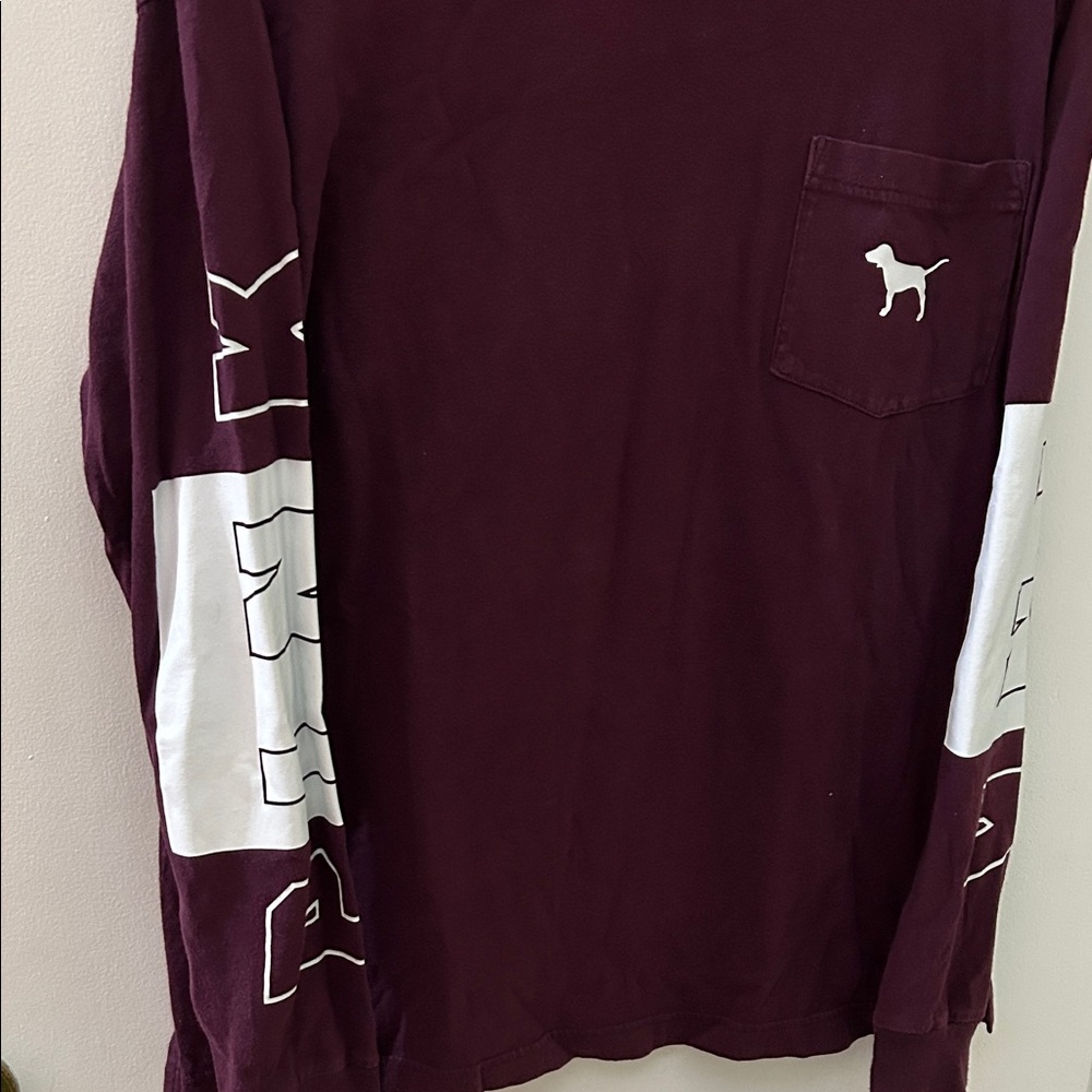 PINK Victoria's Secret Maroon Long-Sleeve Pocket Tee with White Sleeve Panels - Picture 2 of 9